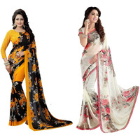 Yashika Women's Pure Georgette Saree Combo (Floral Yellow_APSARA White