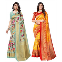 Yashika Women's Combo Art Silk Printed Saree With Blouse Piece Pack Of 2(AIR LIGHT GREEN-MINALI MUSTARD)