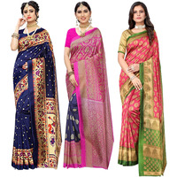 Yashika Women's Combo Art Silk Saree with Blouse Piece-Pack of 3(MATWALI Metro Navy-ALIFA Pink) Multicolor-09
