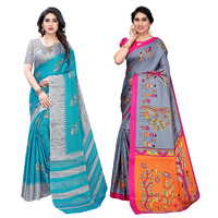 Yashika Women's Combo Art Silk Printed Saree With Blouse Piece Pack Of 2(NAURTA BLUE-DANDIYA GREY)