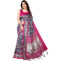 Yashika Women's Printed Kalamkari Art Silk Saree With Tassels and Unstitched Blouse Material (AZ-YS-P1-SUBILA NAVY JHALAR)