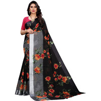 Yashika Women's Linen Printed Saree With Blouse Piece, Black, Free Size (AKIRA BLACK)