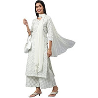 ANNI DESIGNER Women's Cotton Blend Straight Printed Kurta with Palazzo & Dupatta (Suchi Grey_S_Grey_Small)