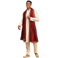 VASTRAMAY Men's Cream Viscose Kurta, Pyjama & Dupatta Set | Solid Kurta And Pyjama Set on Fluid Viscose Fabric of Natural Yarn In Cream Color with Maroon Mirror Border Dupatta