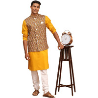 VASTRAMAY Men's Mustard, Green And White Cotton Blend Jacket, Kurta and Pyjama Set-VASMJ060GNnK007MDnPCWH_42