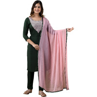 Yashika Women's Cotton Rayon Dark Green Kurta and Pant Set with Dupatta (YS-KS2053-L)
