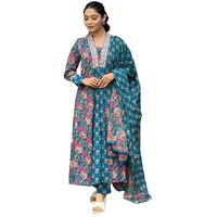 KLOSIA Women Printed A-Line Kurta and Pant Set with Dupatta (in, Alpha, L, Blue)