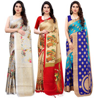 Yashika Women's Combo Art Silk Saree With Blouse Piece - Pack Of 3(PUDINA GREY-RAJARANI CHICKU-KORA BLUE)