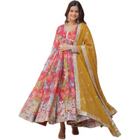 Wedani Floral Print Anarkali Kurta Set with Dupatta for Women (Pink, S)