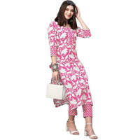 ANNI DESIGNER Women's Cotton Blend Printed Straight Kurta with Pant (Pustak Baby Pink_S_Black_Small)