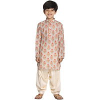 VASTRAMAY Boys' Beige & Cream Muslin Kurta Patiala Set  Digital Floral Print, Eid Special Ethnic Wear
