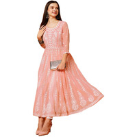 ANNI DESIGNER Women's Georgette Chikankari Embroidered Anarkali Kurti (Kari Peach-KDS_S_Peach_Small)