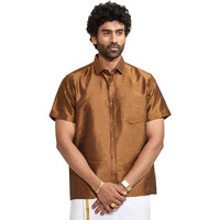 VASTRAMAY Men's Brown Silk Blend Ethnic Shirt, Half Sleeves, South Indian Style, Wedding, Party & Festival Wear (Size S - XL)