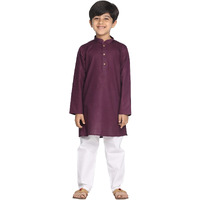 VASTRAMAY Boys' Cotton Solid Color Kurta with Full Sleeves, Mandarin Collar & Wooden Buttons  White Elasticated Waist Pyjama Set for Ethnic and Festive Occasions