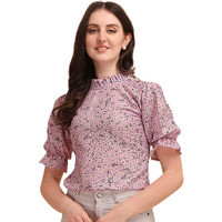 Wedani Women's Casual Puff Sleeves Ruffled Collor Foral Top (Large, Purple)
