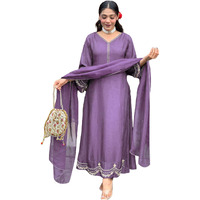 ANNI DESIGNER Women's Rayon Viscose Anarkali Embroidered Kurta with Pant & Dupatta (Ranibai Purple_XXL_Purple_XX-Large)