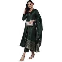 ANNI DESIGNER Women's Cotton Silk Blend Solid Anarkali Kurta and Pant with Dupatta (Carrom Green_XL_Green_X-Large)