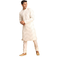 VASTRAMAY Men's White Georgette Kurta Pyjama Set | Mirror work White Georgette Kurta and Pyjama Set.