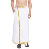 VASTRAMAY Men's South Indian Style White Dhoti with Gold Border and Pocket - Traditional Cotton Mundu/Vesti for Festive, Wedding, and Casual Wear