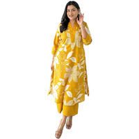 Yashika Regular Floral Printed Cotton Blend 3/4th Sleeve Knee Length V-Neck Kurta and Palazzo Set for Women (AZ-YS-OG-KS2204-Parent_Yellow