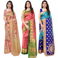 Yashika Women's Combo Art Silk Saree with Blouse Piece-Pack of 3(AIR Peach-ALIFA Pink-Kora Blue) Multicolor-03