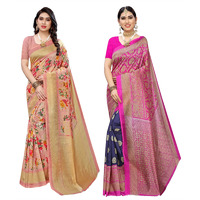 Yashika Women's Combo Art Silk Printed Saree With Blouse Piece Pack Of 2(AIR PEACH-METRO NAVY)