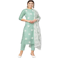 ANNI DESIGNER Women's Ruby Cotton Straight Embroidery Kurti with Pant & Dupatta Set (White-Show Light Green_XL Light Green_X-Large)