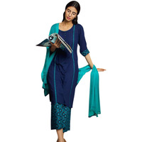 ANNI DESIGNER Women's Cotton Blend Printed Straight Kurta, Palazzo & Dupatta (Homing New Blue_XXL_Navy Blue_XX-Large)