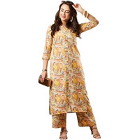 ANNI DESIGNER Women's Cotton Blend Printed Straight Kurta with Palazzo Set (Half Yellow-NW_S_Yellow_Small)