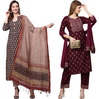 ANNI DESIGNER Women's Cotton Blend Printed Straight Kurta with Pant & Dupatta Pack of 2 (Combo-Nayantara Black-Coco-Wine_Multicolor_Large)
