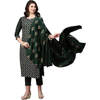 ANNI DESIGNER Women's Cotton Blend Embroidered Straight Kurta with Pant & Dupatta (MYSURU-Dark GREEN-Nw04_3XL_Dark Green_XXX-Large)