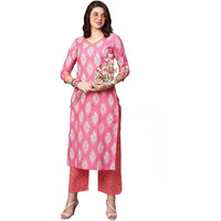 ANNI DESIGNER Women's Cotton Blend Traditional Straight Printed Kurta with Pant Set (Natak Pink-FBF001_M_Pink_Medium)