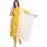 ANNI DESIGNER Women's Cotton Straight Kurta with Pant & Dupatta (KPTD-COT-10003-YELLOW_L_Yellow_Large)
