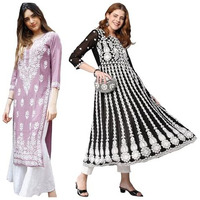 ANNI DESIGNER Women's Cotton Blend Embroidered Straight Kurti Combo Pack of 2 (Victoria Purple & Kari Black_2095_Multicolor_Medium)