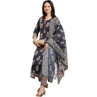ANNI DESIGNER Women's Rayon Blend Straight Printed Kurta with Pant & Dupatta (Alaya Navy BLUE-VKS01_S_Navy Blue_Small)