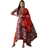 ANNI DESIGNER Women's Cotton Blend Straight Printed Kurta with Pant & Dupatta (Karka Op-Wine-KBV_M_Wine_Medium)