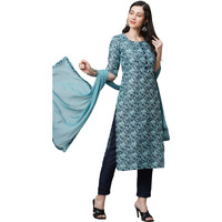 ANNI DESIGNER Women's Banarasi Silk Straight Printed Kurta with Pant & Dupatta (Banarsi-Blue_L-an_Blue_Large)