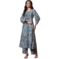 ANNI DESIGNER Women's Rayon Blend Straight Printed Kurta with Pant (Marco Teal_XXL_Teal Blue_XX-Large)