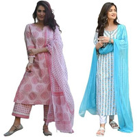 ANNI DESIGNER Women's Cotton Blend Printed Straight Kurta with Pant & Dupatta Pack of 2 (Combo-CHHAPA-Pink-April-Sky Blue_L_Multi_Large)