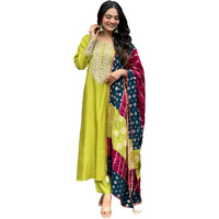 ANNI DESIGNER Women's Rayon Viscose Embroidered Anarkali Kurta with Pant & Dupatta (JENNU Mehandi_M_Mehandi_Medium)