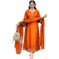 ANNI DESIGNER Women's Rayon Viscose Anarkali Embroidered Kurta with Pant & Dupatta (Ranibai Orange_M_Orange_Medium)