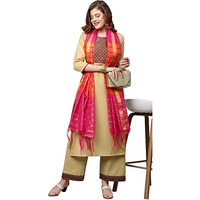 ANNI DESIGNER Women's Cotton Blend Kurta with Palazzo & Dupatta (Zuri_Beige_XL)