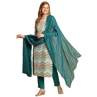 ANNI DESIGNER Women's Cotton Blend Straight Printed Kurta with Pant & Dupatta (Kamkoj Teal_S_Blue_Small)