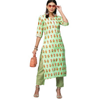 ANNI DESIGNER Women's Cotton Blend Straight Printed Kurta with Pant (Carto Green_L_Green_Large)