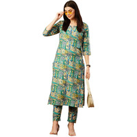 ANNI DESIGNER Women's Cotton Blend Straight Printed Kurta with Pant (ING 10 Blue_M_Blue_Medium)
