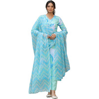 ANNI DESIGNER Women's Cotton Blend Straight Printed Kurta with Pant & Dupatta (Sohini Blue-NW_S_Blue_Small)