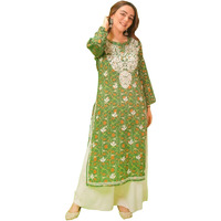 ANNI DESIGNER Women's Rayon Blend Straight Chikankari Embroidered Kurta (Nakusha Green_XL_Green_X-Large)