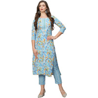 ANNI DESIGNER Women's Cotton Blend Straight Printed Kurta with Pant Set (Pahal Blue_S_Blue_Small)