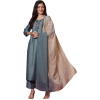 ANNI DESIGNER Women's Rayon Viscose Solid Straight Kurta with Pant & Dupatta (Raja Saab Grey-VKS14_3XL_Grey_XXX-Large)