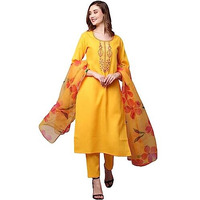 ANNI DESIGNER Women's Cotton Blend Straight Embroidered Kurta with Pant & Dupatta (GOMTI Yellow-NW_XL_Yellow_X-Large)